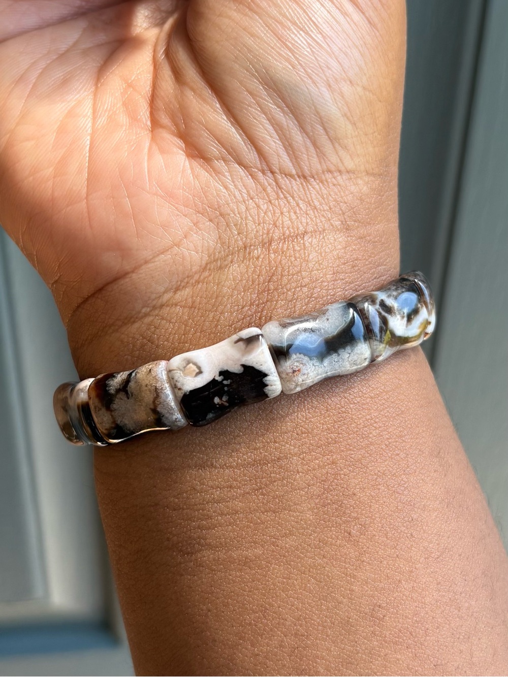 Black Flower Agate Crystal Bangle Bracelet 12.5mm - Picture 8 of 10